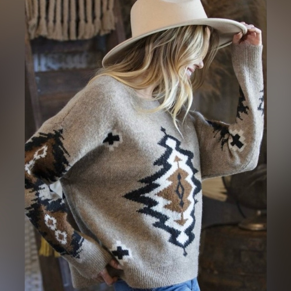 New Western Yellowstone Tribal Aztec Printed Pullover Crew Neck Sweater